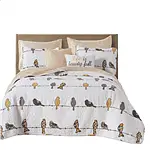 Full/Queen Yellow Brown Grey Floral Birds On Wire Lightweight 7 Piece Quilt Set - Quilt Set