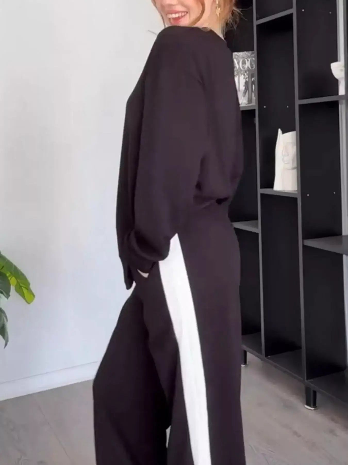 Full Size Contrast Round Neck Top and Pants Set Plus Size