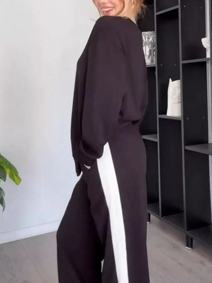 Full Size Contrast Round Neck Top and Pants Set Plus Size