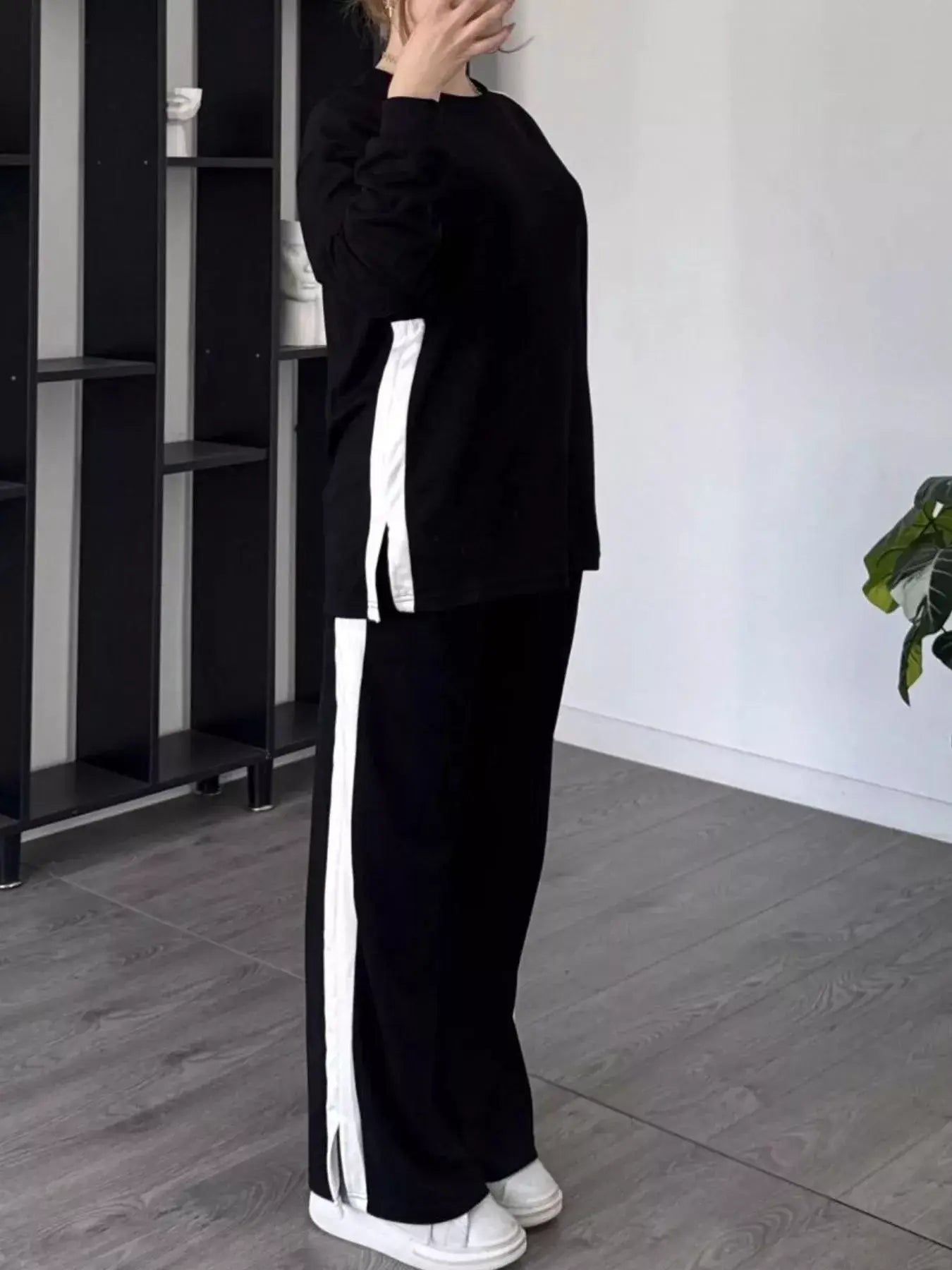 Full Size Contrast Round Neck Top and Pants Set Plus Size