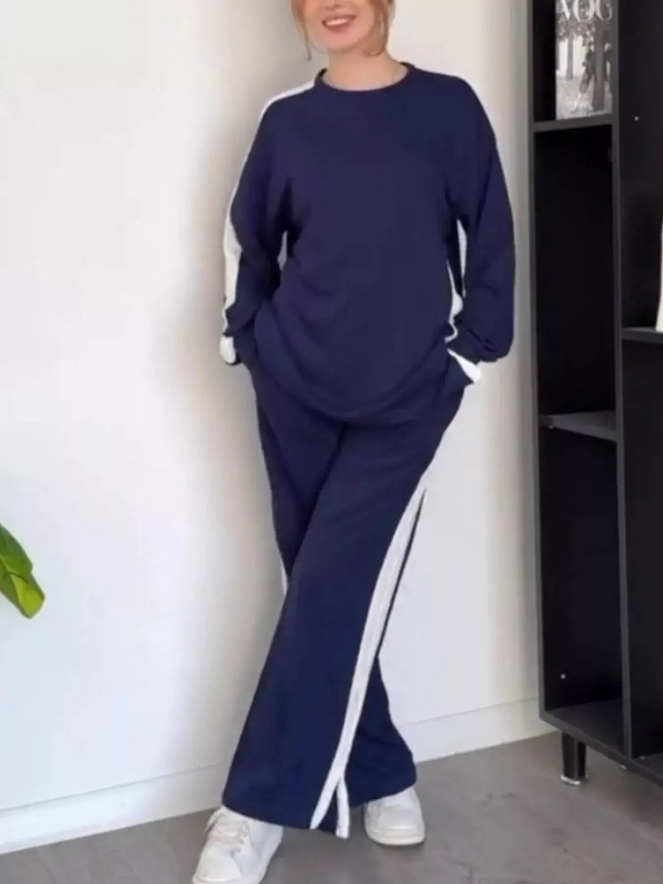 Full Size Contrast Round Neck Top and Pants Set Plus Size