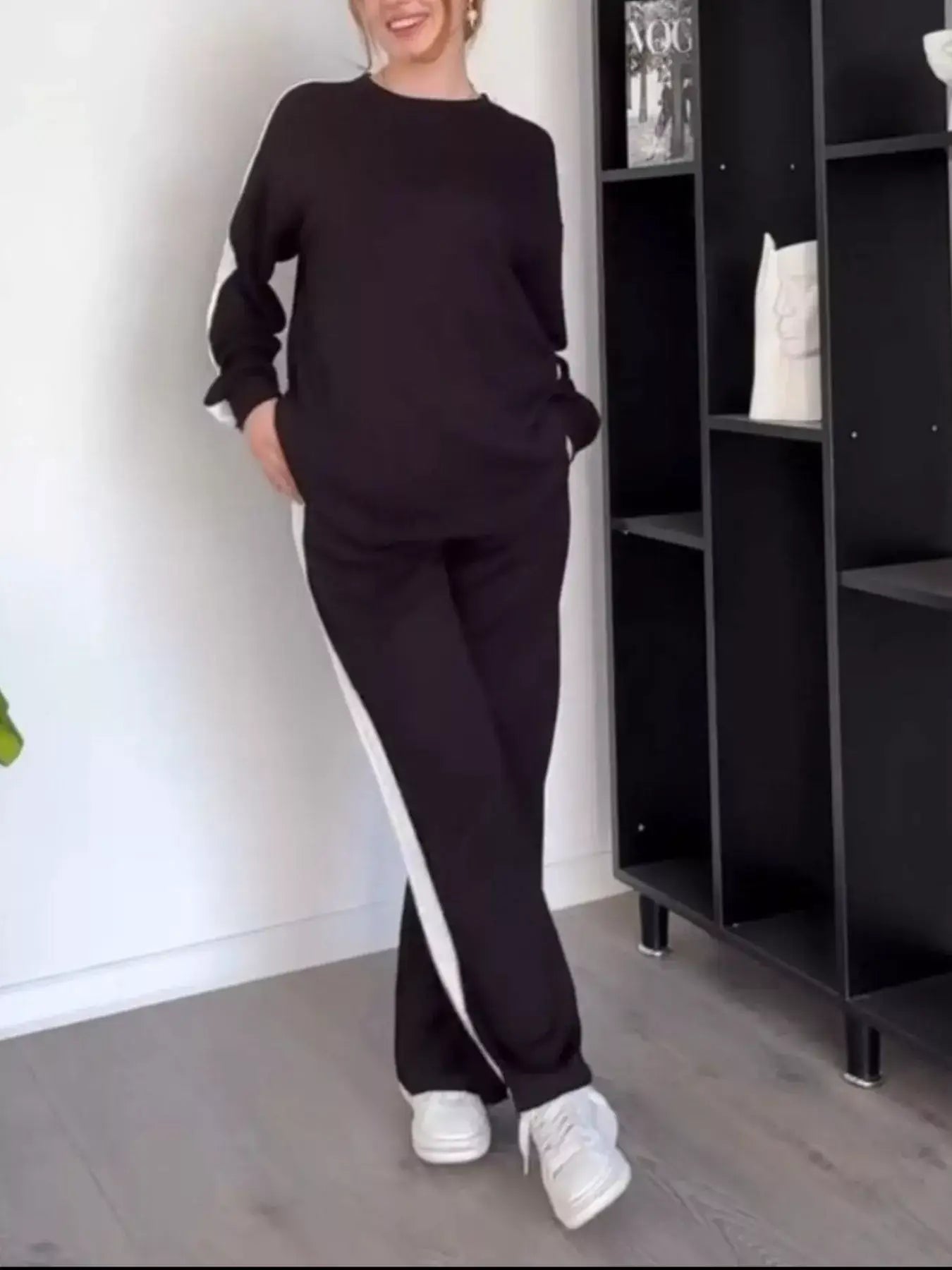 Full Size Contrast Round Neck Top and Pants Set Plus Size