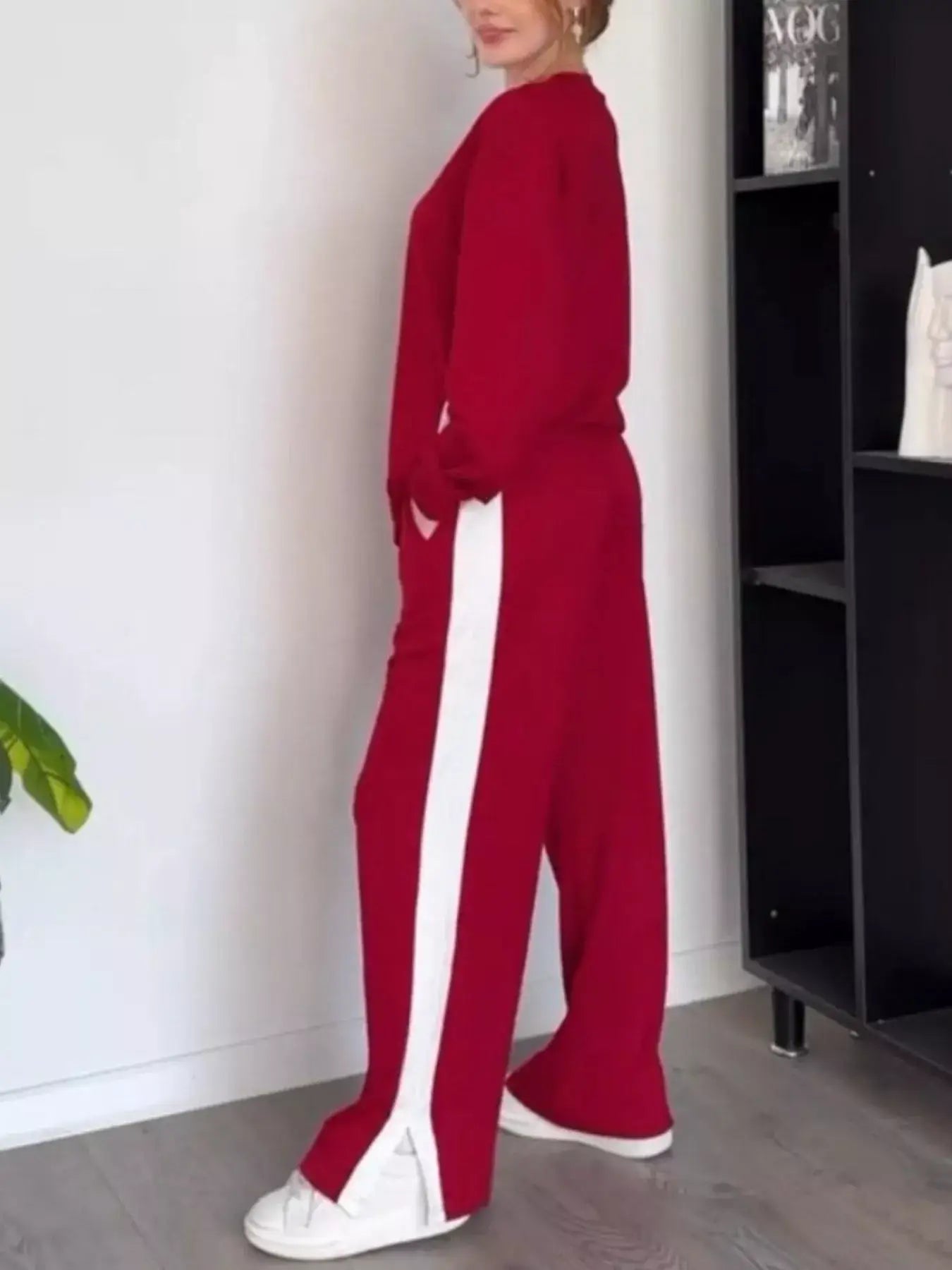 Full Size Contrast Round Neck Top and Pants Set Plus Size