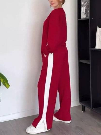 Full Size Contrast Round Neck Top and Pants Set Plus Size