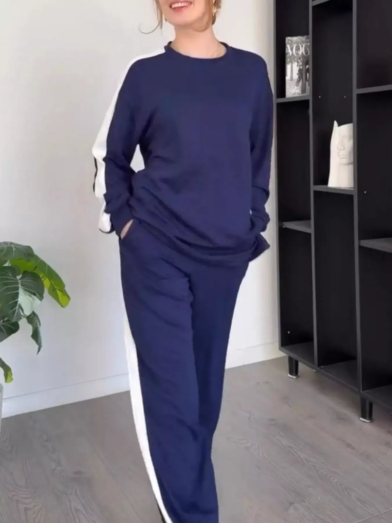 Full Size Contrast Round Neck Top and Pants Set Plus Size