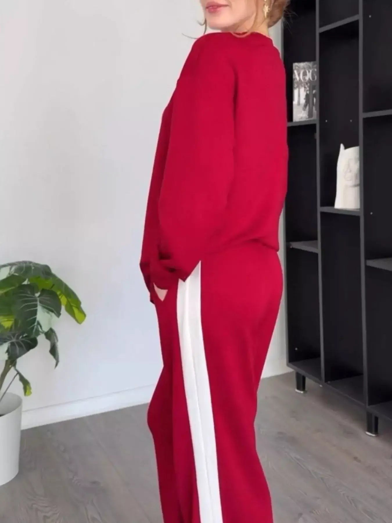 Full Size Contrast Round Neck Top and Pants Set Plus Size