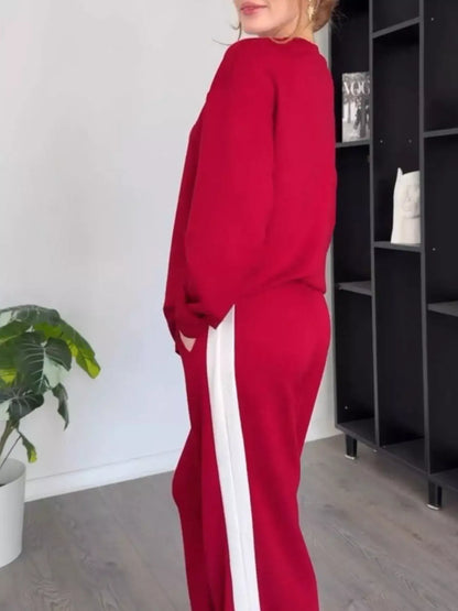 Full Size Contrast Round Neck Top and Pants Set Plus Size