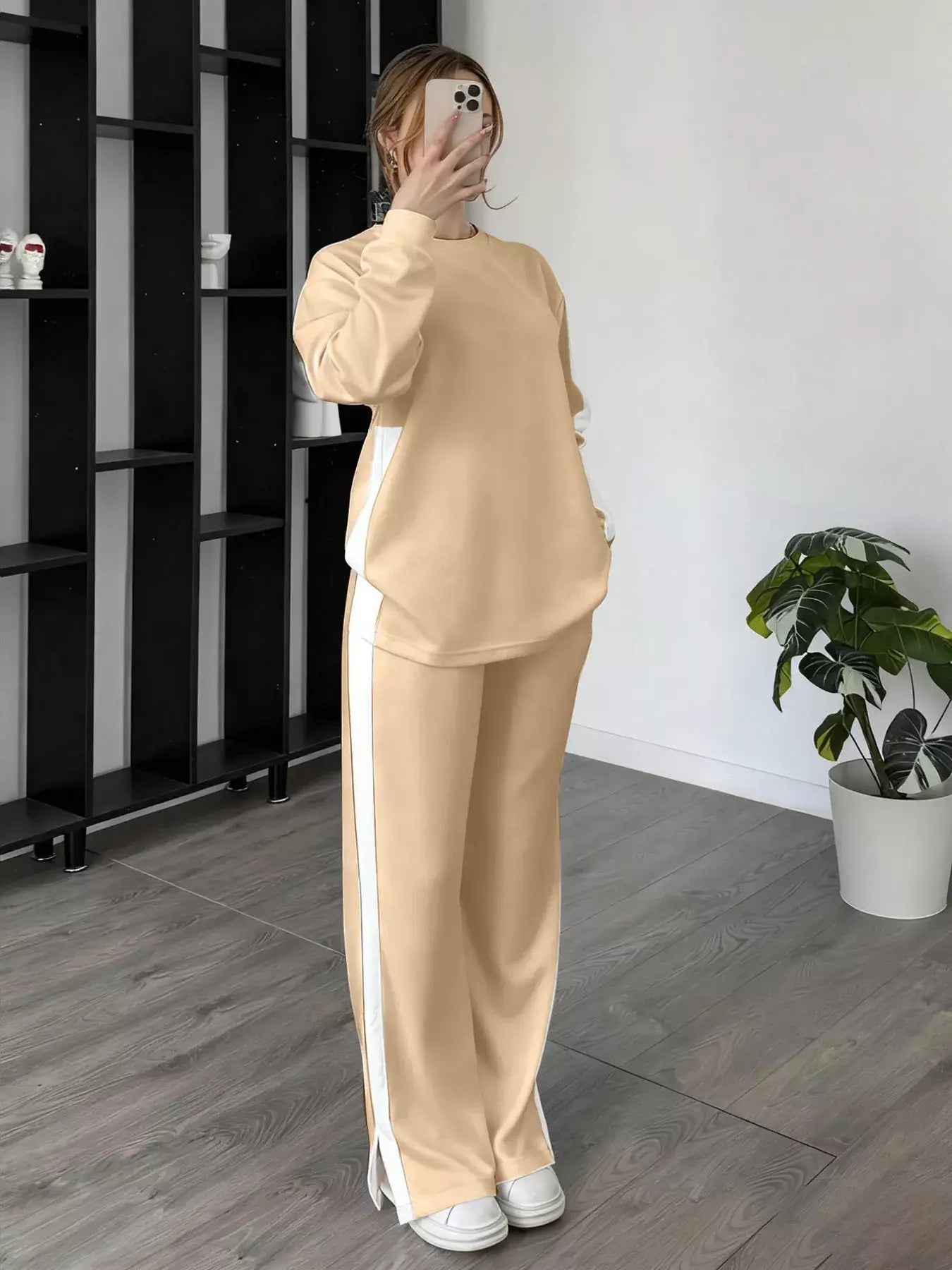 Full Size Contrast Round Neck Top and Pants Set Plus Size - Apricot / S