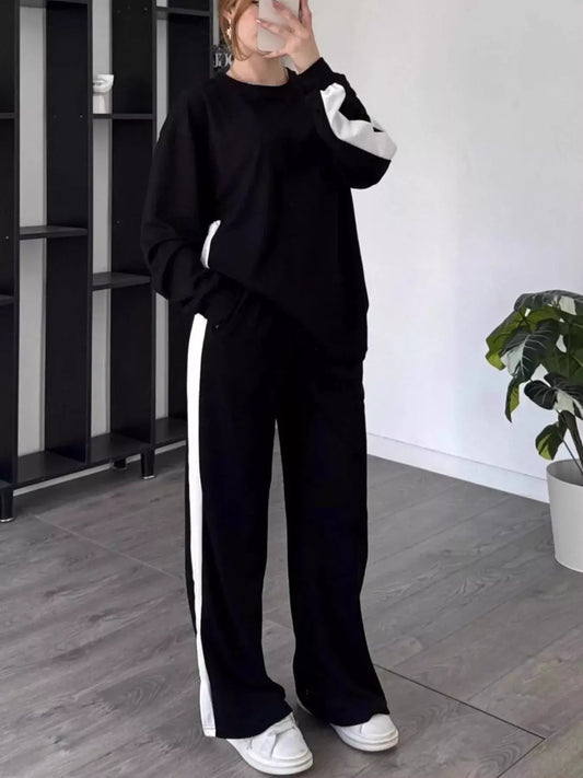 Full Size Contrast Round Neck Top and Pants Set Plus Size - Black / S