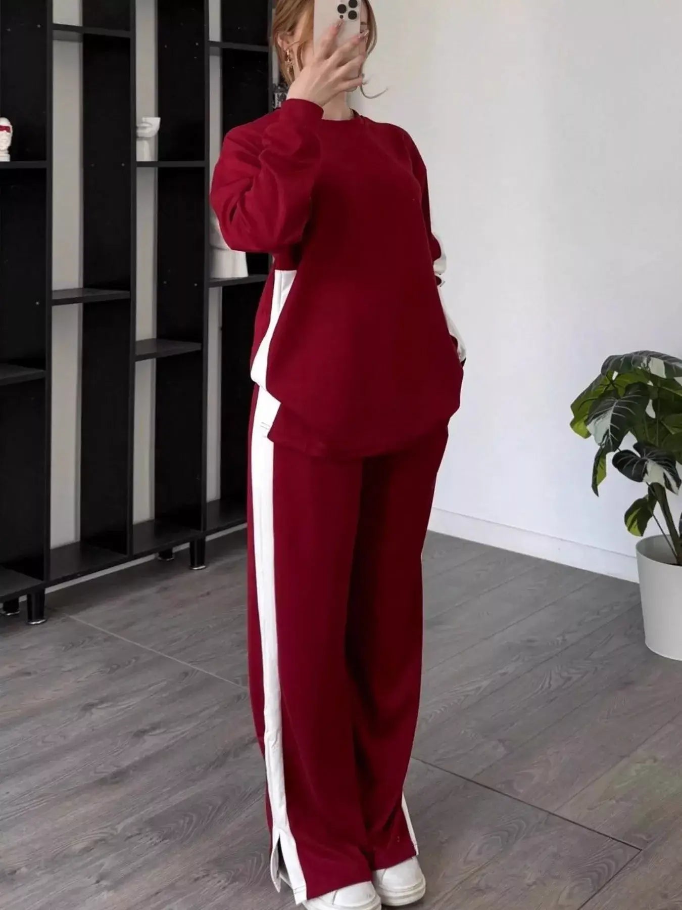 Full Size Contrast Round Neck Top and Pants Set Plus Size - Burgundy / S