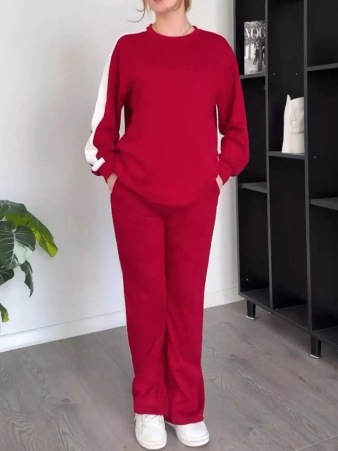 Full Size Contrast Round Neck Top and Pants Set Plus Size - Red / S