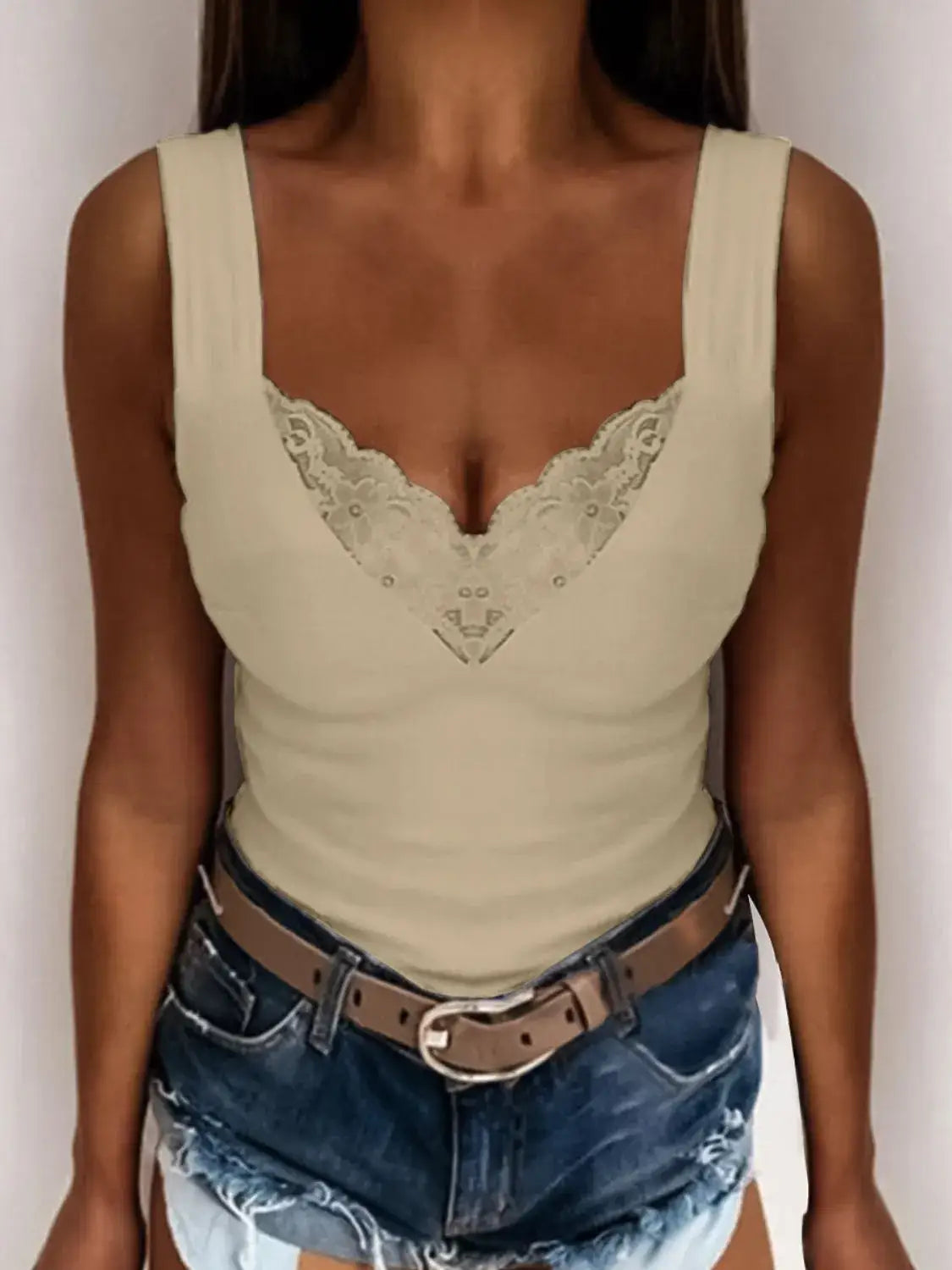 Full Size Lace Detail V-Neck Tank Plus Size - Khaki / XS/S - Tank Plus Size