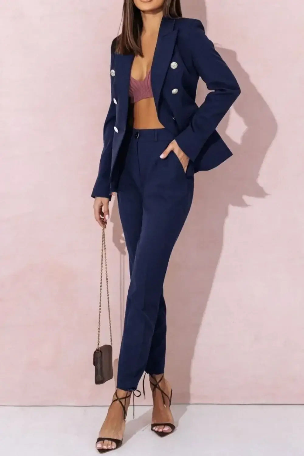 Full Size Lapel Collar Long Sleeve Blazer and Pants Set Plus Size - Blazer and Pants Set Plus Size