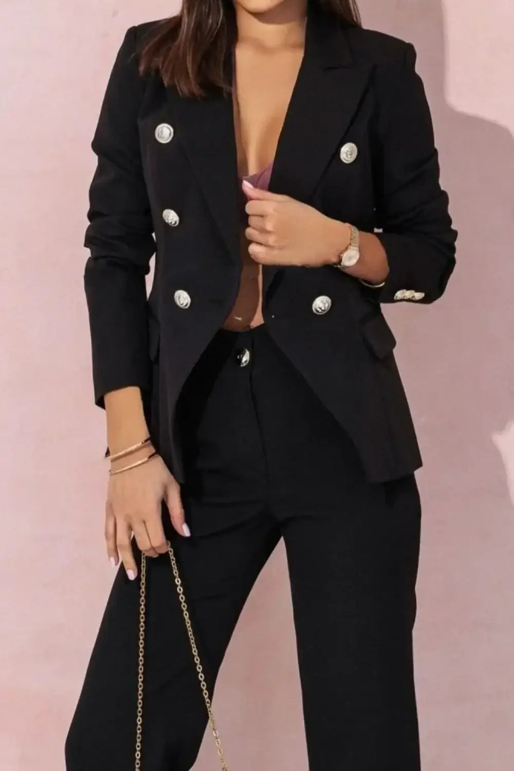 Full Size Lapel Collar Long Sleeve Blazer and Pants Set Plus Size - Blazer and Pants Set Plus Size