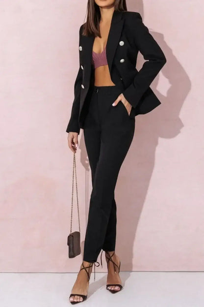 Full Size Lapel Collar Long Sleeve Blazer and Pants Set Plus Size - Blazer and Pants Set Plus Size