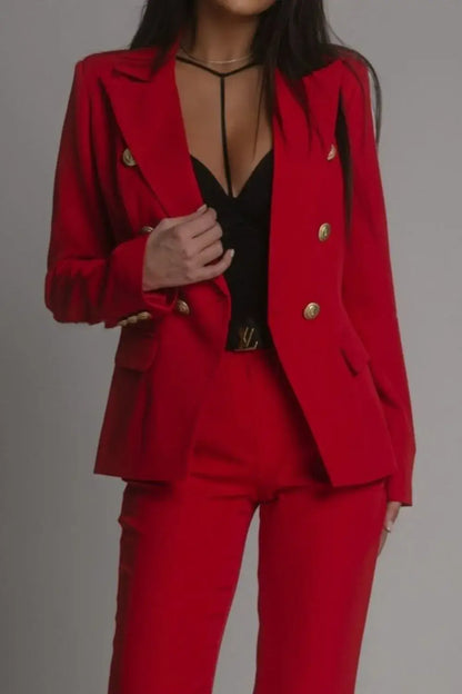 Full Size Lapel Collar Long Sleeve Blazer and Pants Set Plus Size - Deep Red / S - Blazer and Pants Set Plus Size
