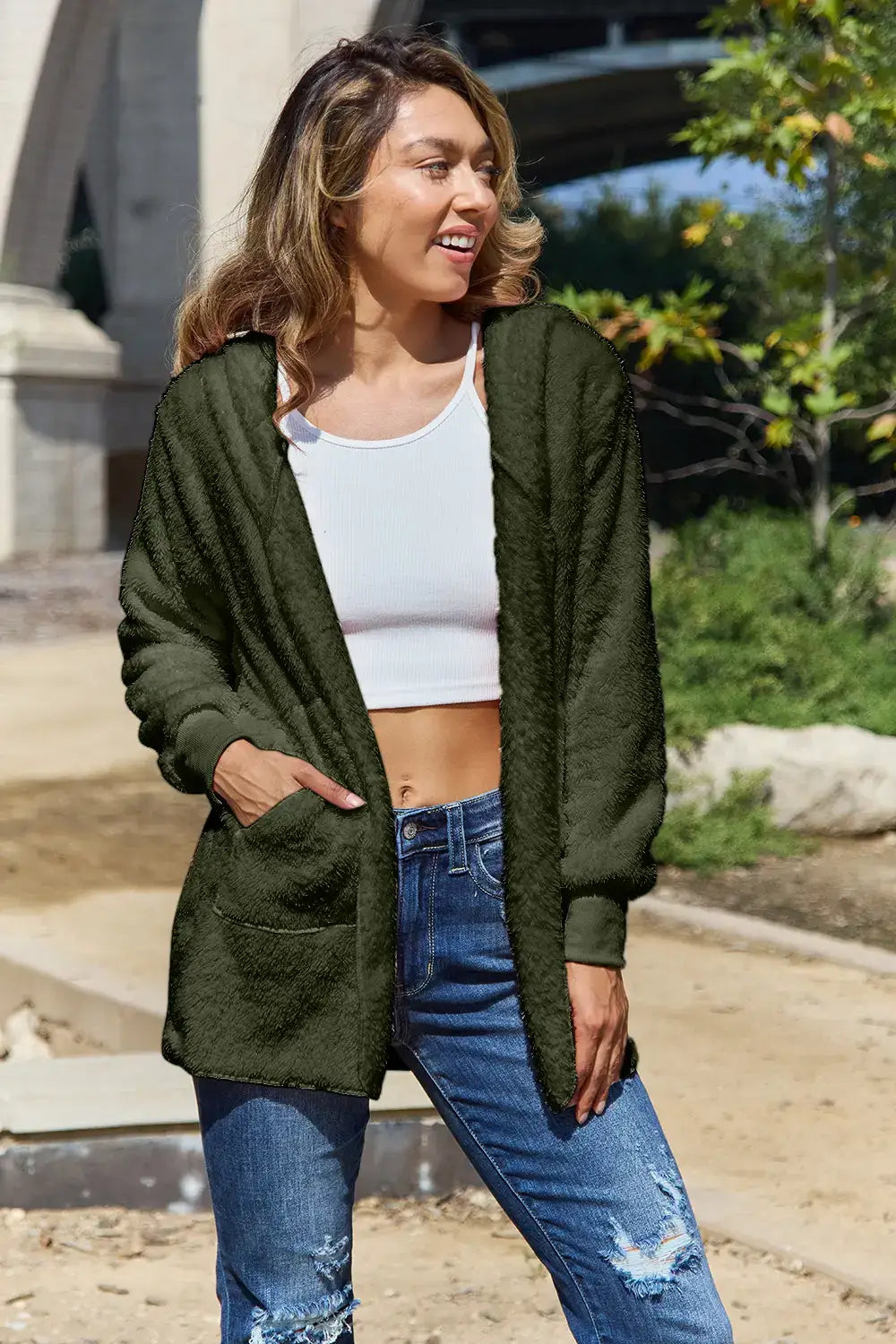 Full Size Teddy Hooded Jacket with Pockets - Army Green / S - Outwears