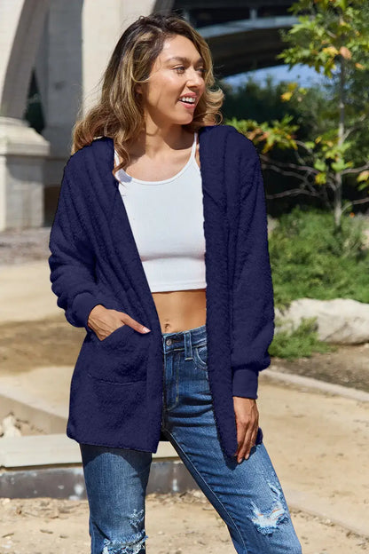 Full Size Teddy Hooded Jacket with Pockets - Dark Blue / S - Outwears