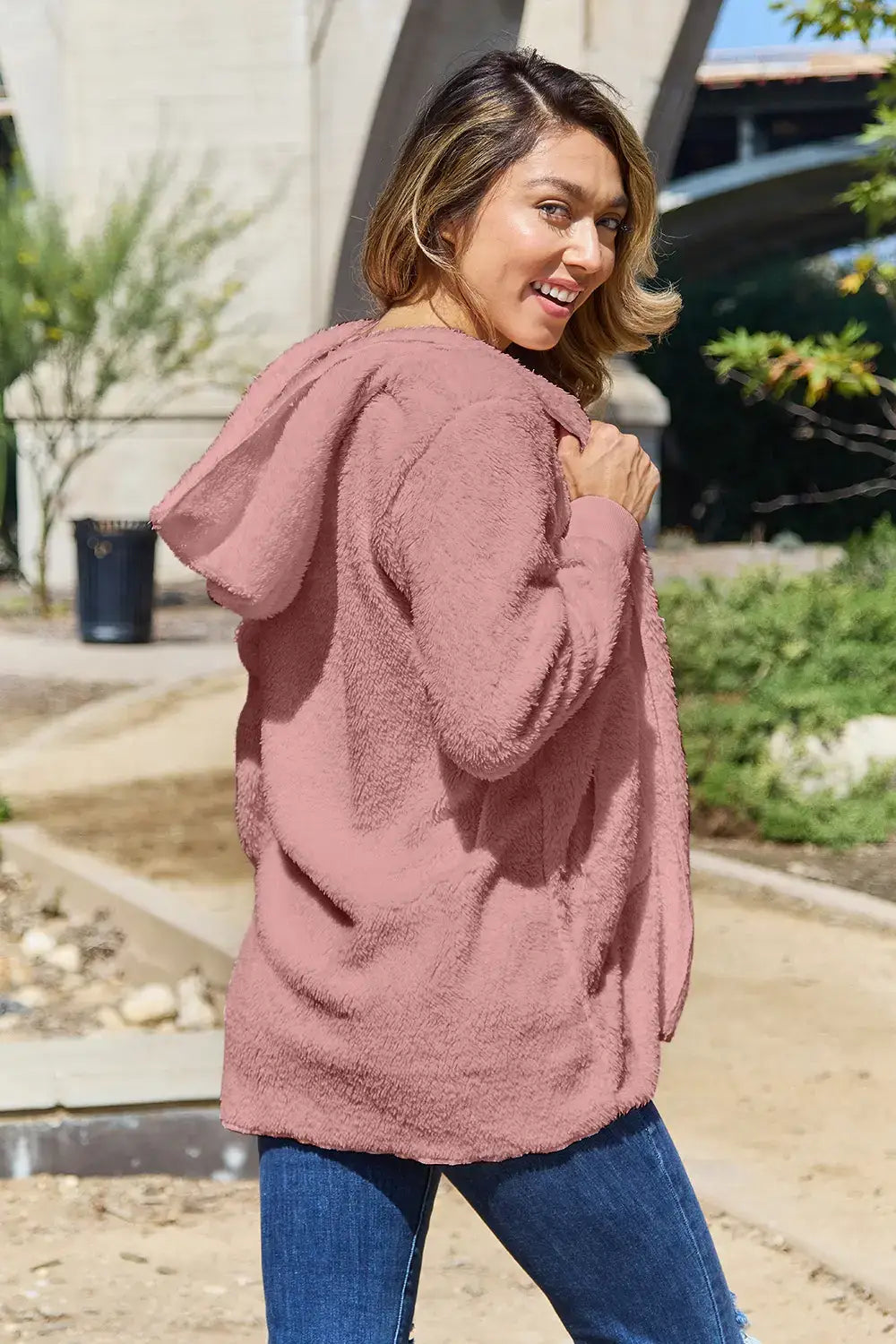 Full Size Teddy Hooded Jacket with Pockets - Outwears