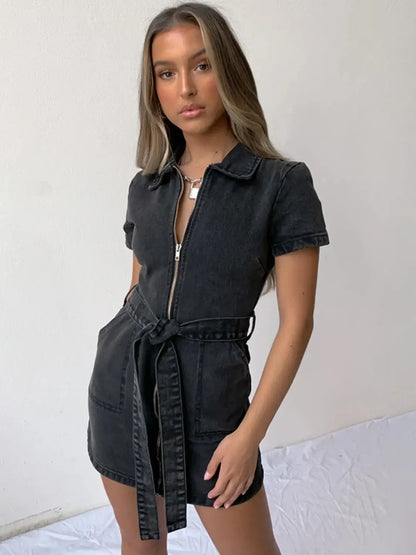 Full Size Zip Front Short Sleeve Denim Dress Plus Size - dress