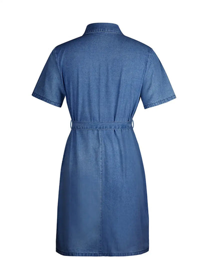 Full Size Zip Front Short Sleeve Denim Dress Plus Size - dress