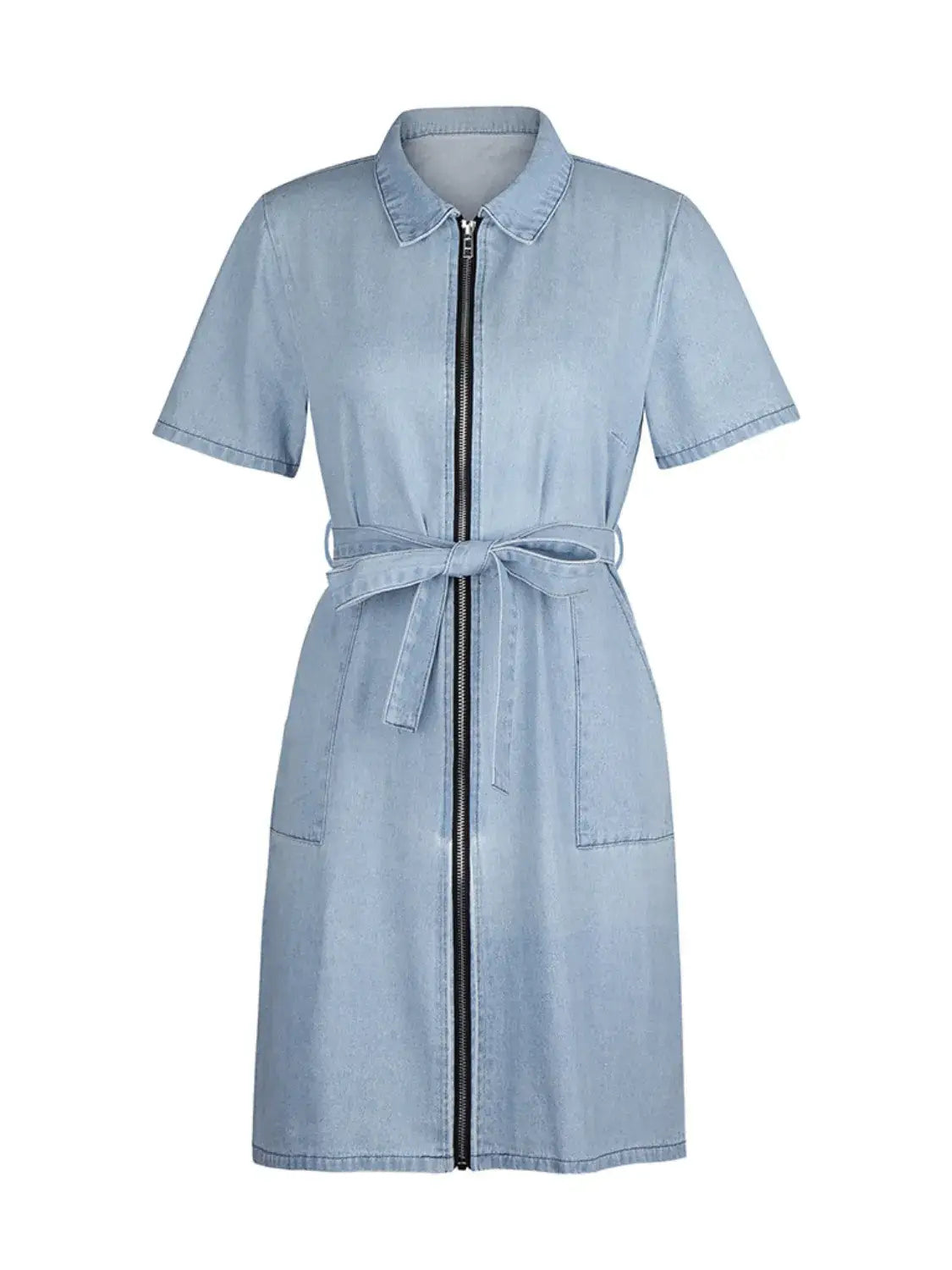 Full Size Zip Front Short Sleeve Denim Dress Plus Size - dress