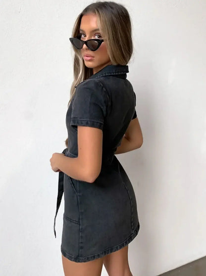 Full Size Zip Front Short Sleeve Denim Dress Plus Size - dress