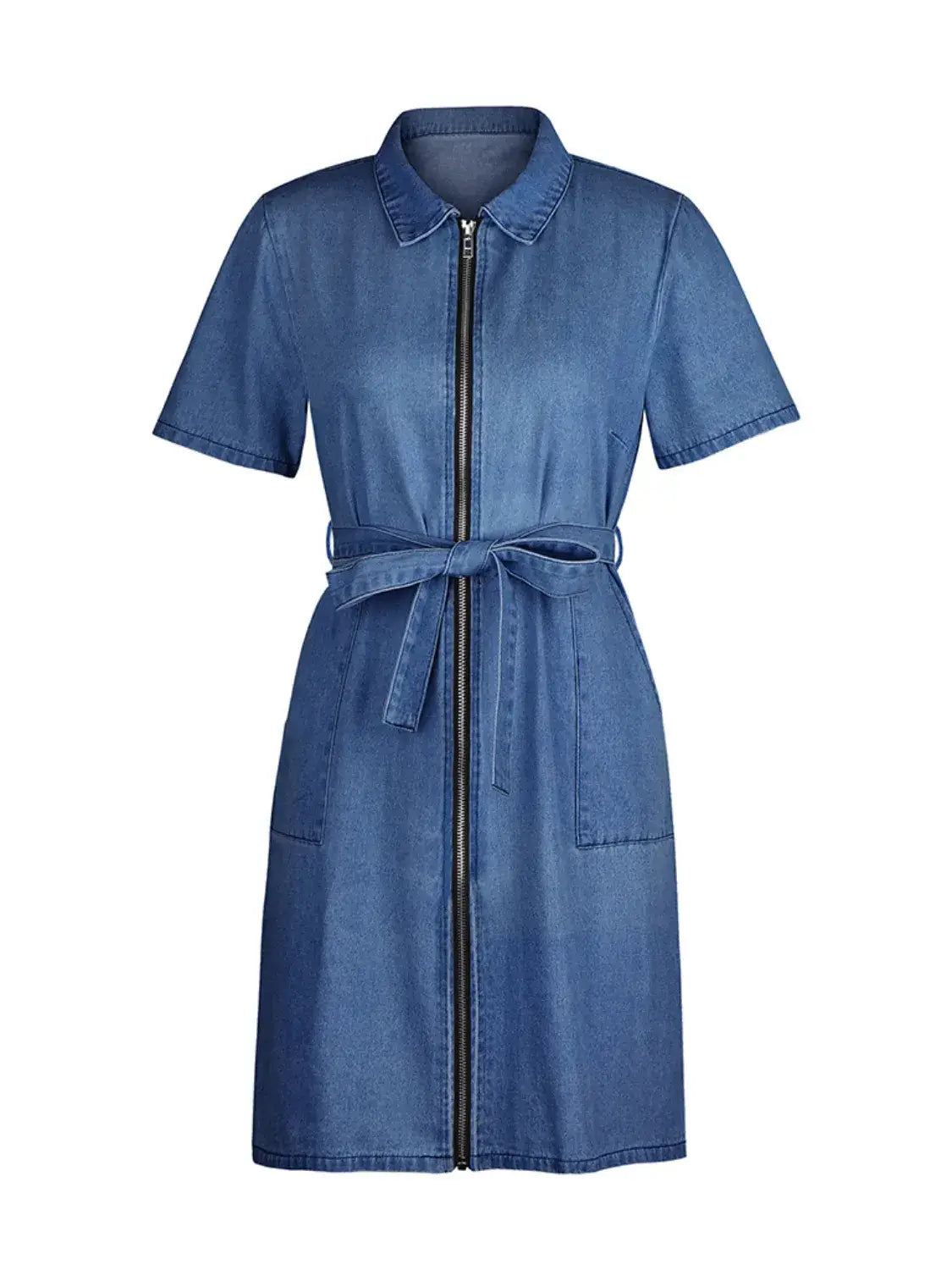 Full Size Zip Front Short Sleeve Denim Dress Plus Size - dress
