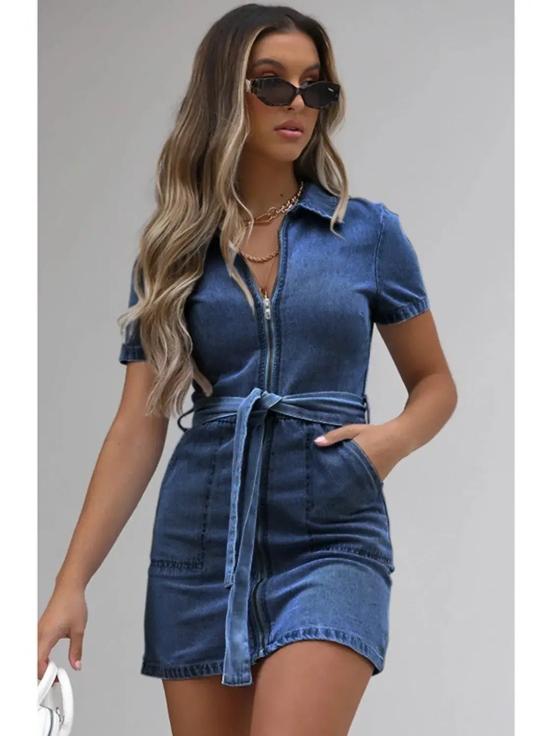 Full Size Zip Front Short Sleeve Denim Dress Plus Size - Dark Blue / S - dress