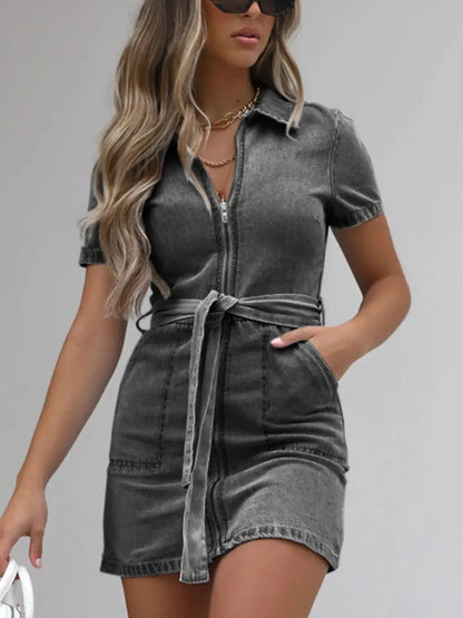 Full Size Zip Front Short Sleeve Denim Dress Plus Size - Dark Gray / S - dress