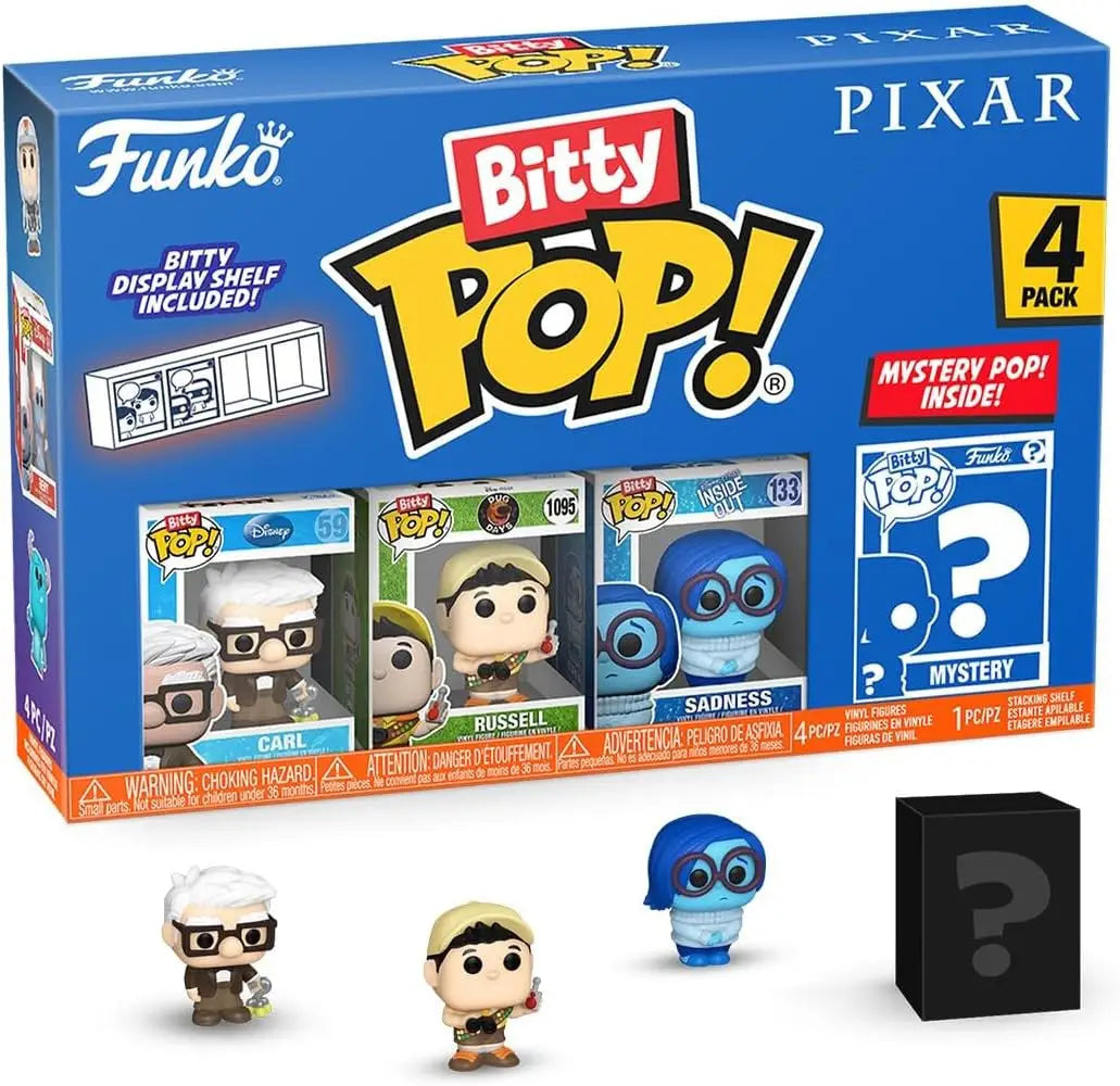 Funko Bitty Pop Disney Pixar UP and Inside Out 4-pack with Carl Russell Sadness and mystery figure on display shelf
