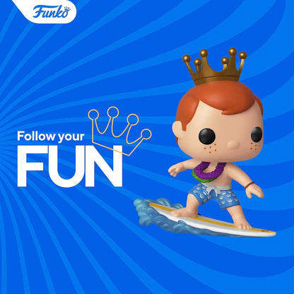 Funko Pop Disney figure surfing on a wave in swim trunks with a crown