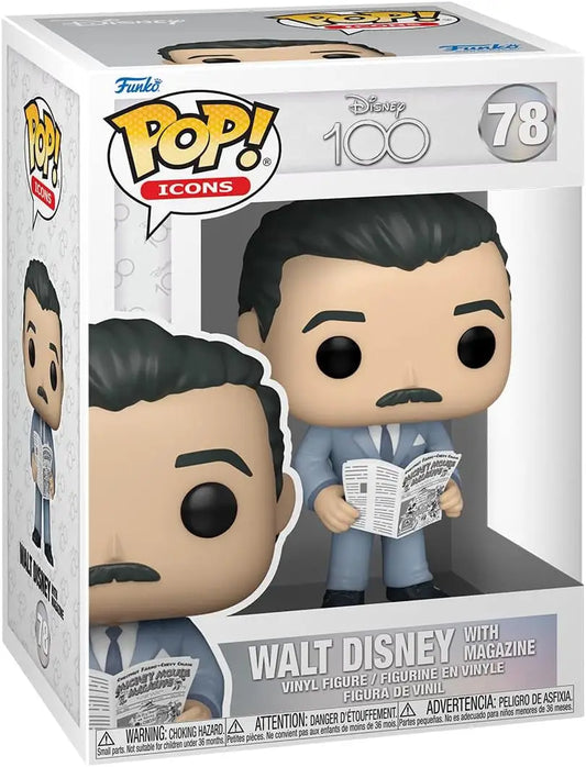 Funko Pop! Walt Disney figurine in a suit holding a magazine from Disney Icons line