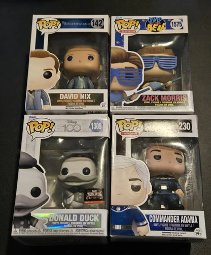 Funko Pop Lot 4 Zack Morris Donald Duck Disney 100 Commander Adama David Nix NIB