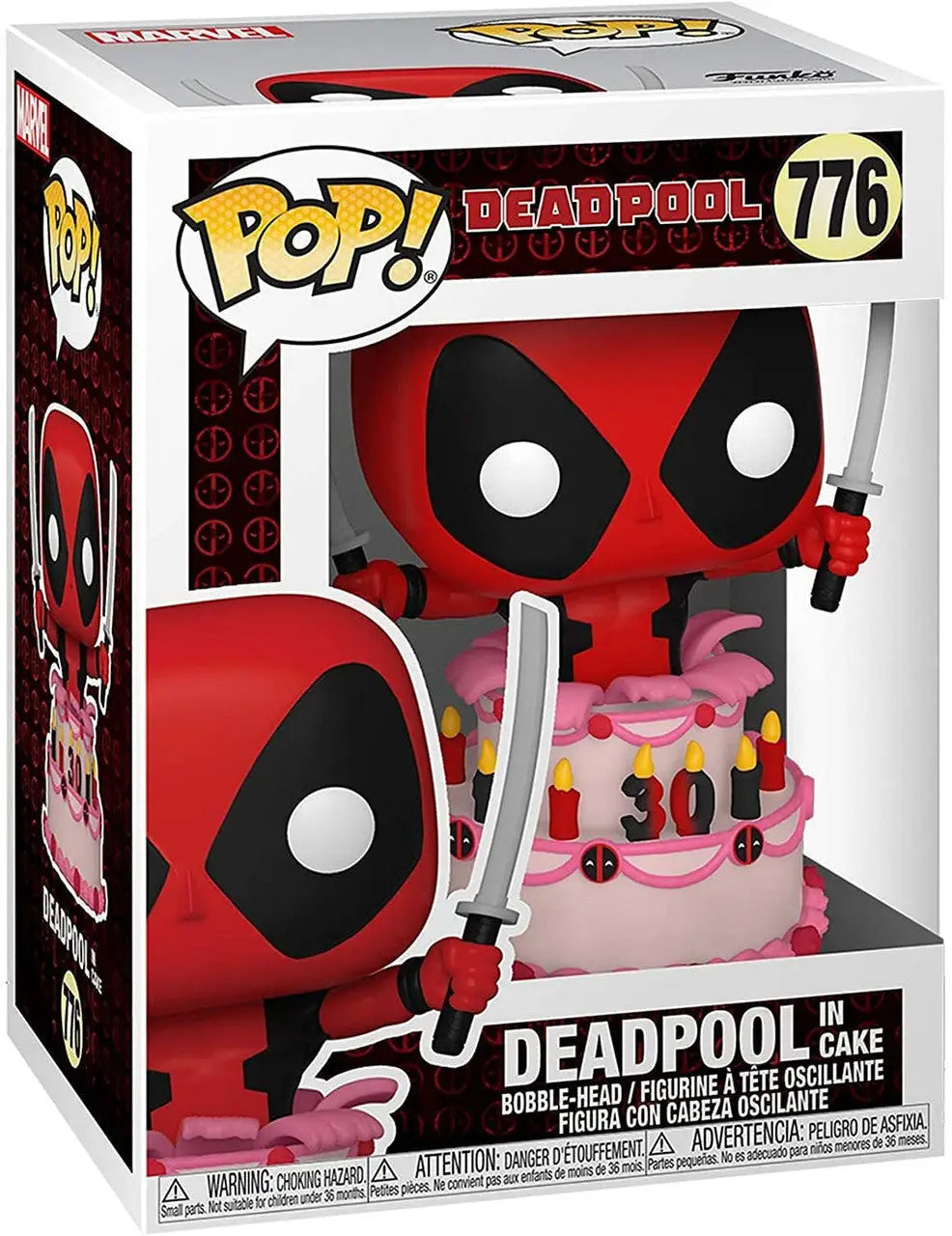 Deadpool 30th Funko Pop Vinyl figure in red and black with cake design