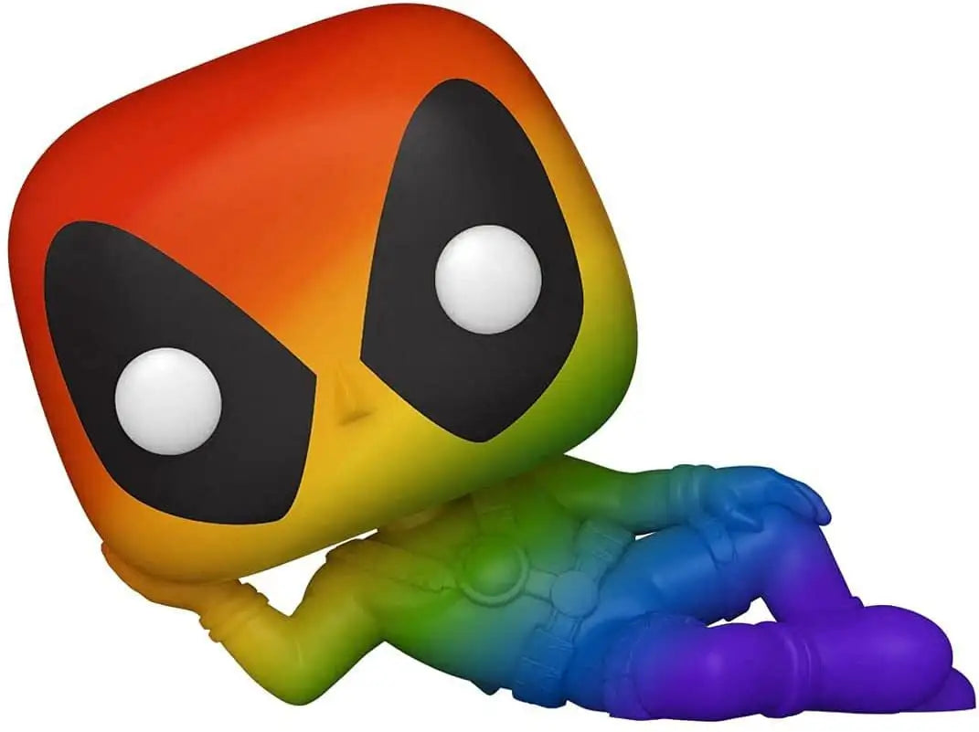 Rainbow-colored Deadpool Funko Pop figure with black eye patches and white eyes from Marvel Pride
