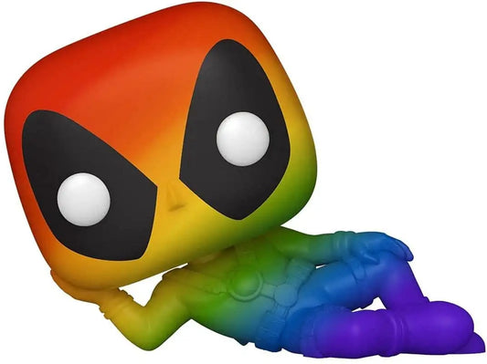 Rainbow-colored Deadpool Funko Pop figure with black eye patches and white eyes from Marvel Pride