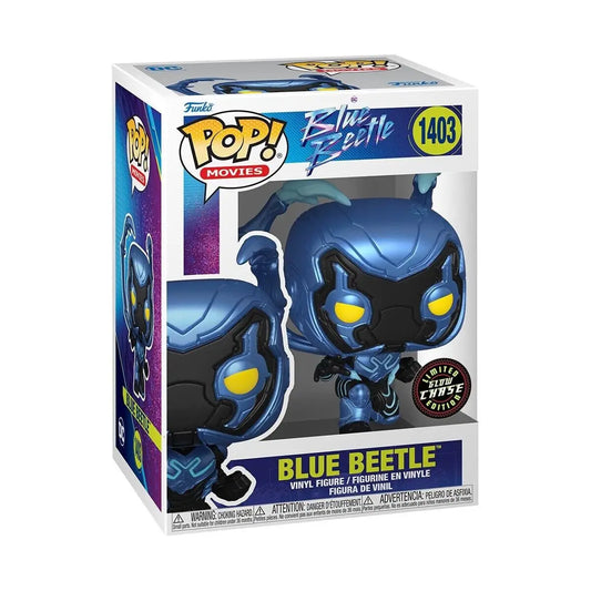 Funko Pop Movies Blue Beetle figure with glowing yellow eyes and metallic blue armor