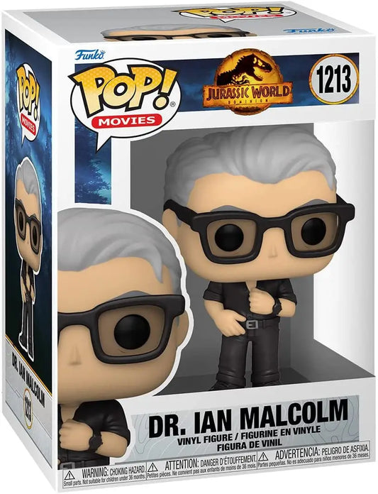 Funko Pop! figure of Dr. Ian Malcolm from Jurassic World with gray hair and glasses