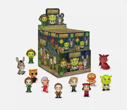 Display box of Shrek-themed Mystery Minis collectible figurines featuring various characters