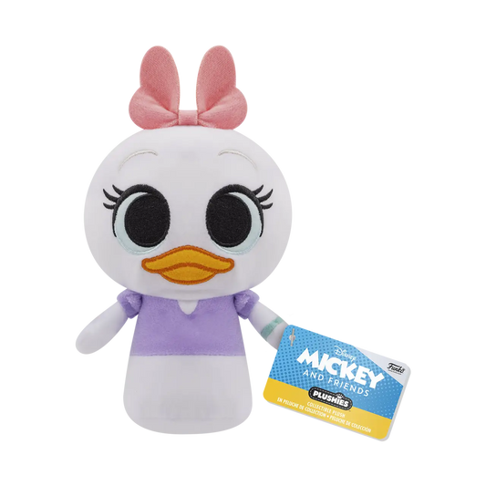 Plush Mickey and Friends Daisy Duck toy with purple dress and pink bow, perfect for collectors