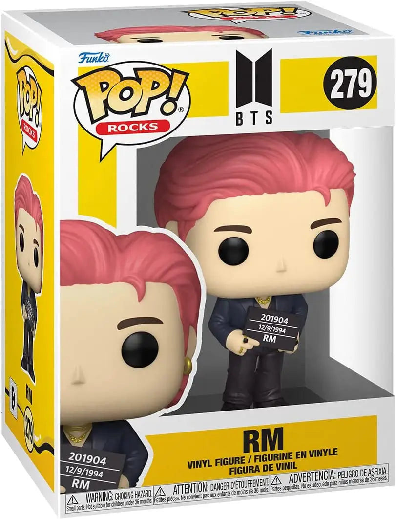 Funko Pop Rocks BTS RM #279 vinyl figure with pink hair and microphone, black outfit