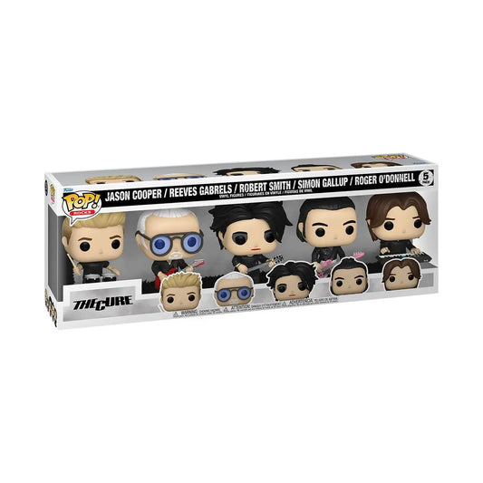 Five Funko Pop figures of The Cure band in a display box, perfect for collectors