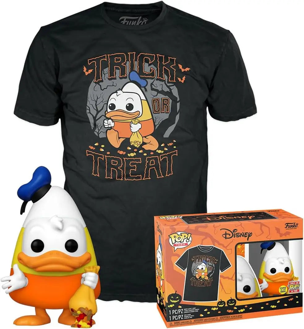 Halloween-themed Funko Pop Tees featuring cartoon Donald Duck t-shirt and figurine