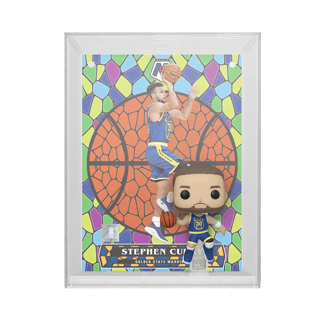 Stephen Curry collectible display featuring Golden State Warriors trading card and Funko Pop