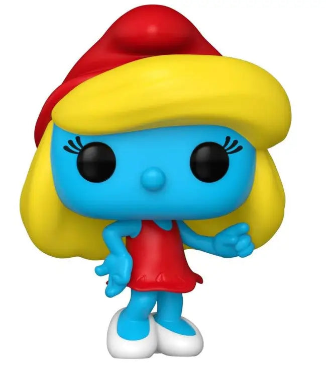 Blue Funko Pop Smurfette #1516 CHASE figure in red dress, perfect for trading cards fans