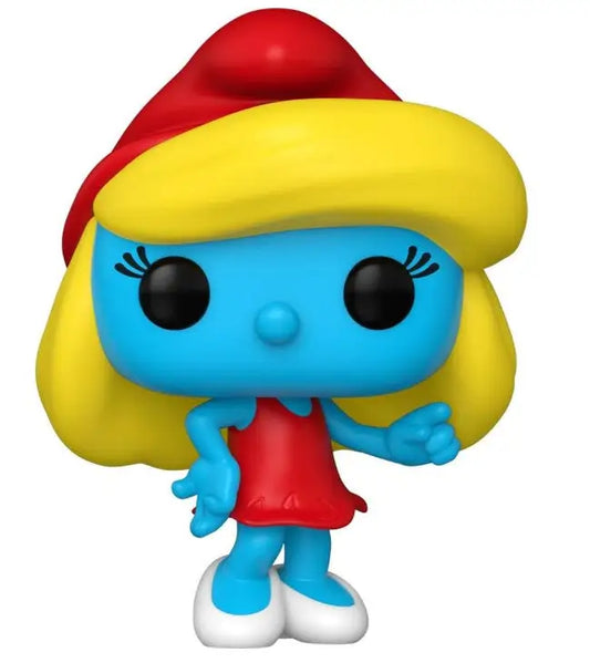 Blue Funko Pop Smurfette #1516 CHASE figure in red dress, perfect for trading cards fans