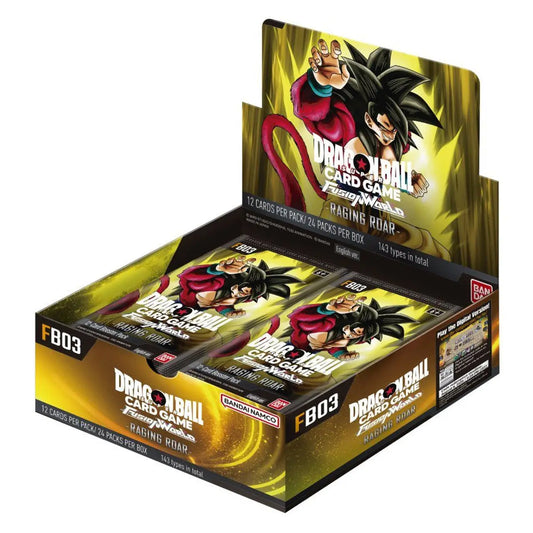 Dragon Ball Super Card Game Fusion World Raging Roar booster box display with generic cards