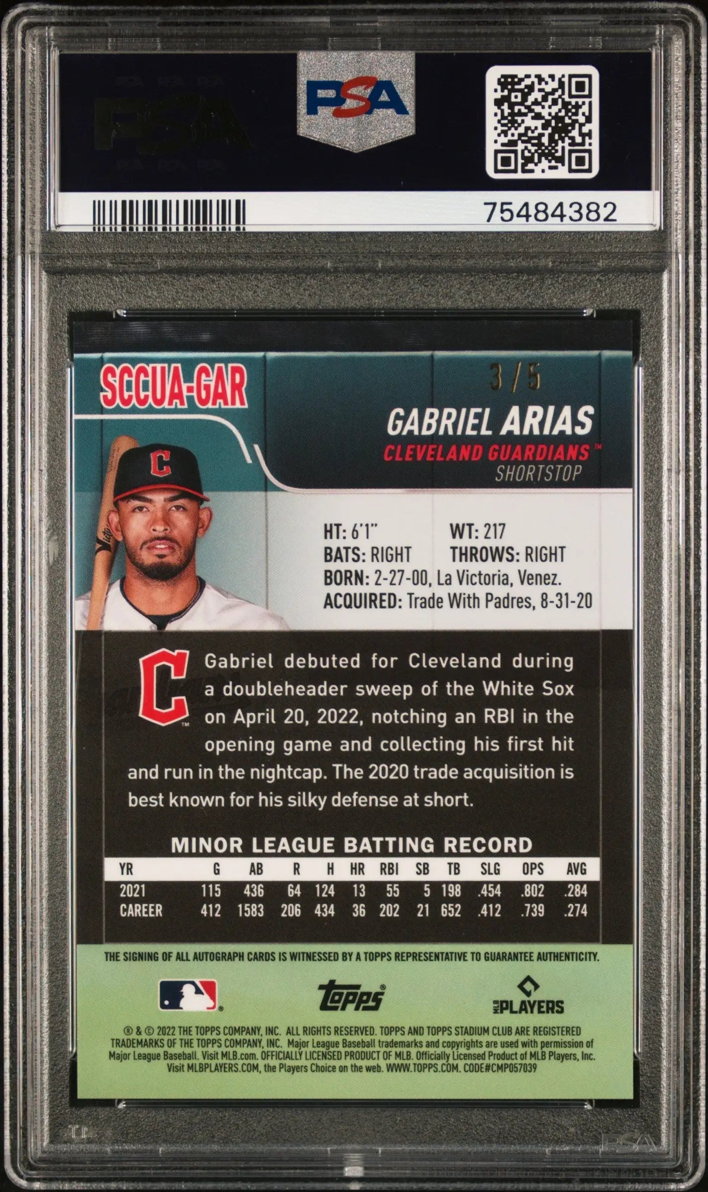 Graded Gabriel Arias baseball card with club chrome red refractor auto PSA 10
