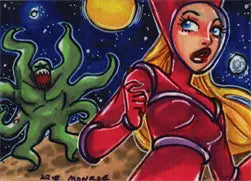 Colorful illustration of Arie Monroe with rare artist sketch card and green alien creature